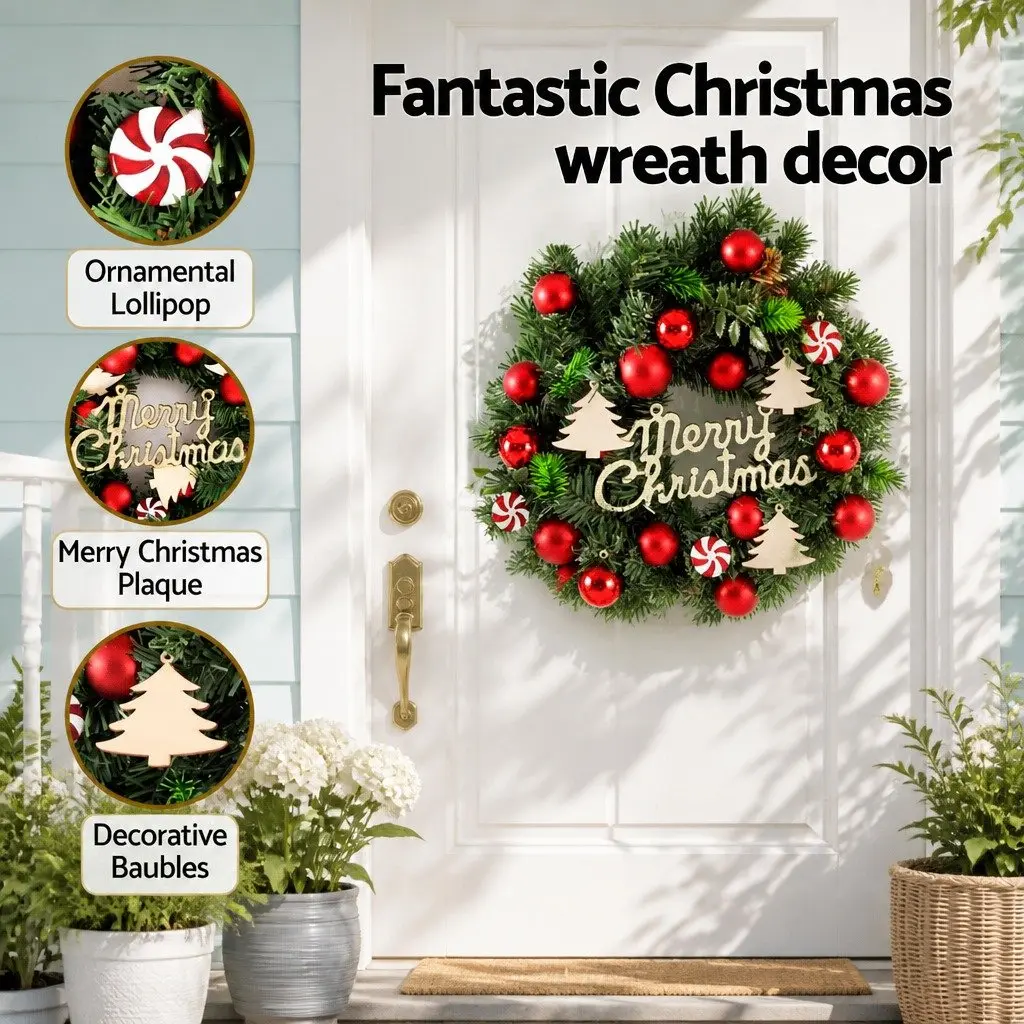 Christmas Wreath 40CM Green Xmas Garland with Baubles Ornaments Indoor Outdoor