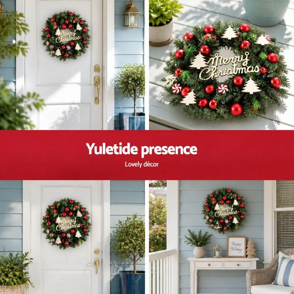 Christmas Wreath 40CM Green Xmas Garland with Baubles Ornaments Indoor Outdoor