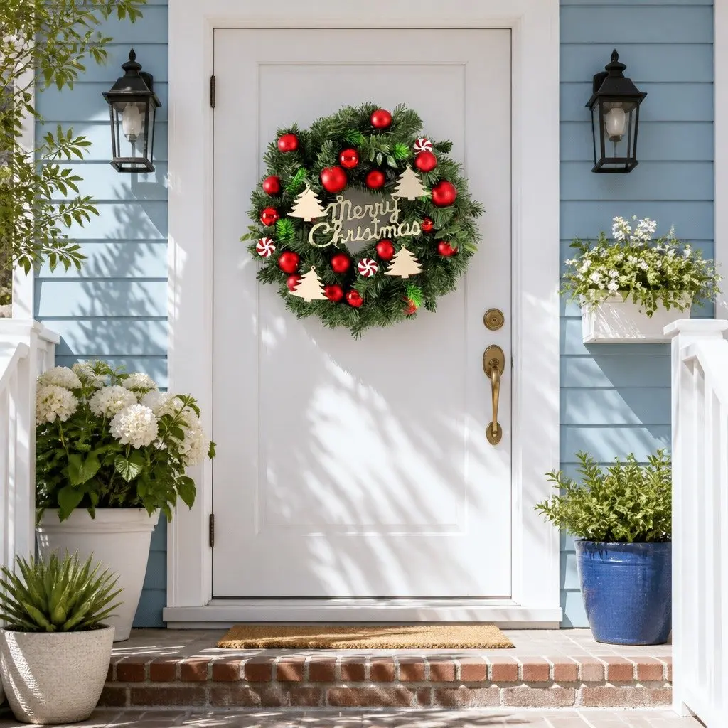 Christmas Wreath 40CM Green Xmas Garland with Baubles Ornaments Indoor Outdoor