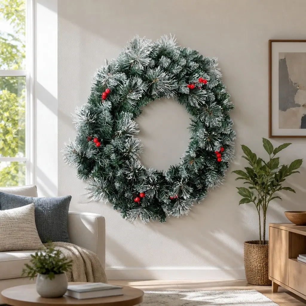 Christmas Wreath 60cm Pre-Lit Warm LED Lights Pine Needles Red Berries Holiday Decor