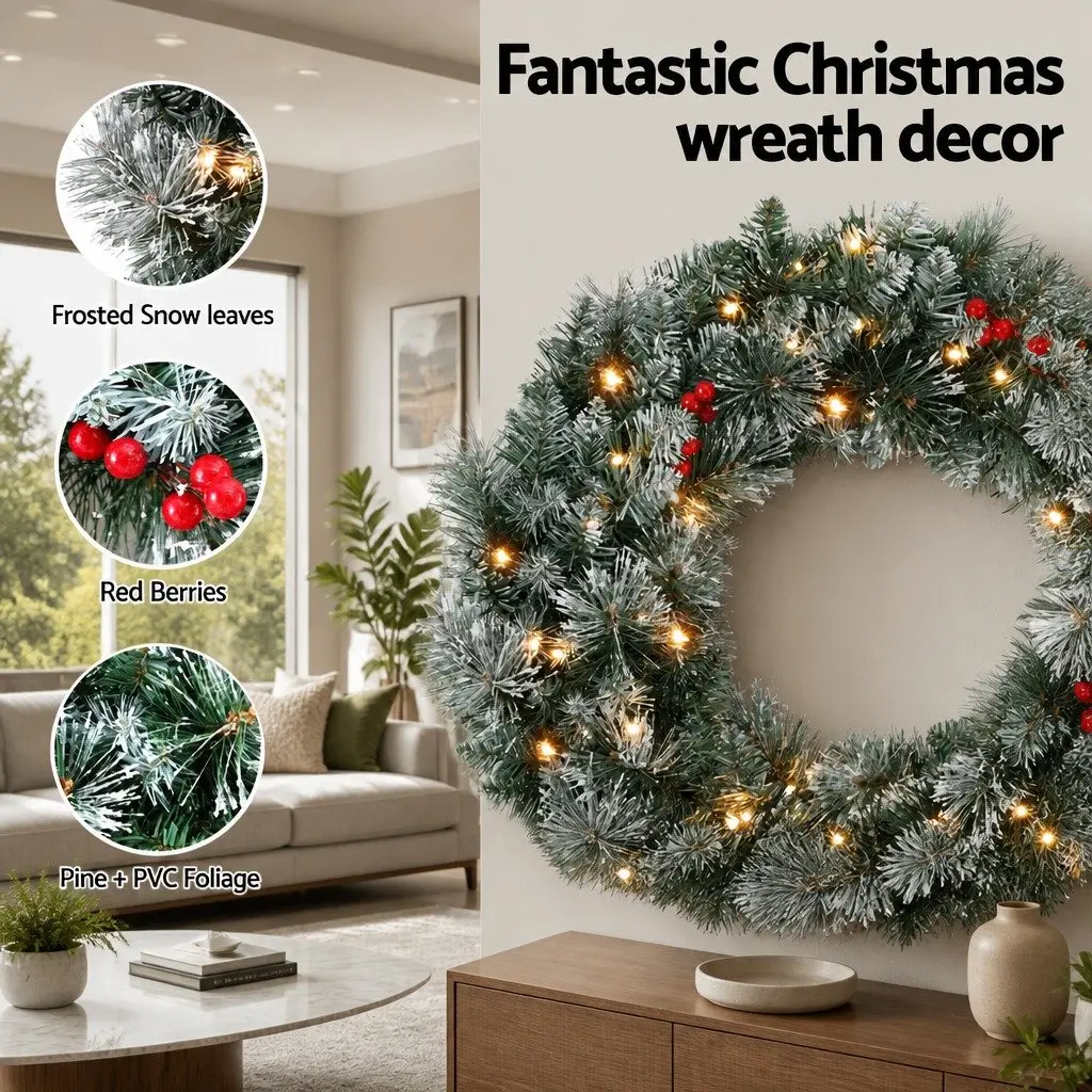 Christmas Wreath 60cm Pre-Lit Warm LED Lights Pine Needles Red Berries Holiday Decor