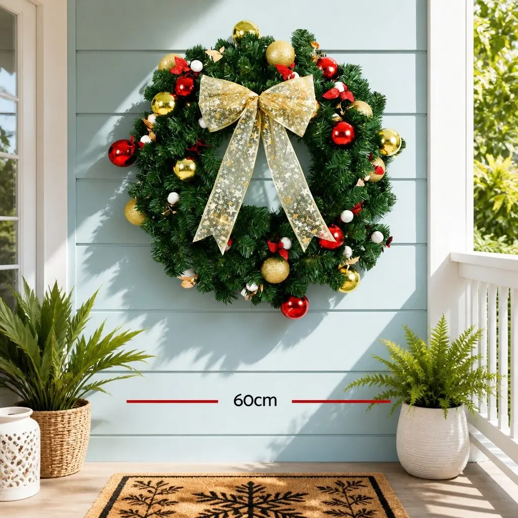 Christmas Wreath 60cm LED Green Prelit Baubles Berries Bow Decor