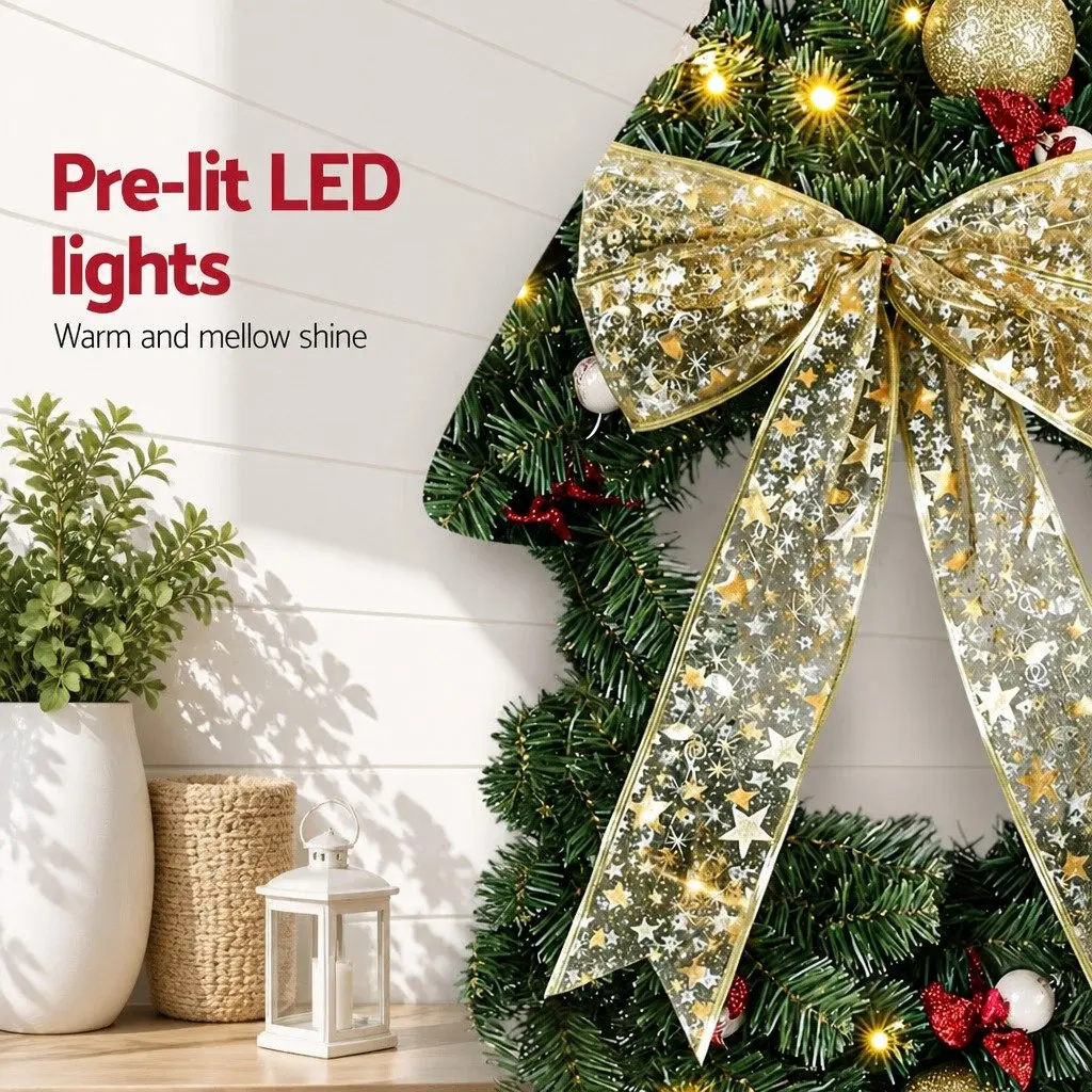 Christmas Wreath 60cm LED Green Prelit Baubles Berries Bow Decor