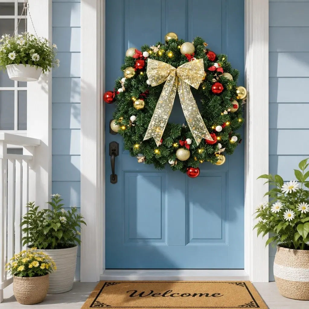 Christmas Wreath 60cm LED Green Prelit Baubles Berries Bow Decor