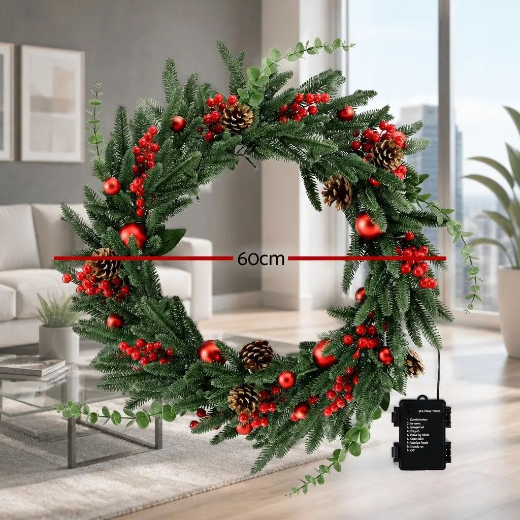 60cm Christmas Wreath Pre-lit LED Warm White Lights Pine Cones Red Berries