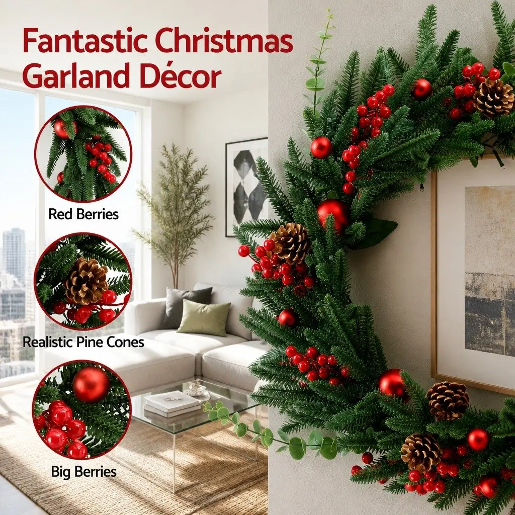 60cm Christmas Wreath Pre-lit LED Warm White Lights Pine Cones Red Berries