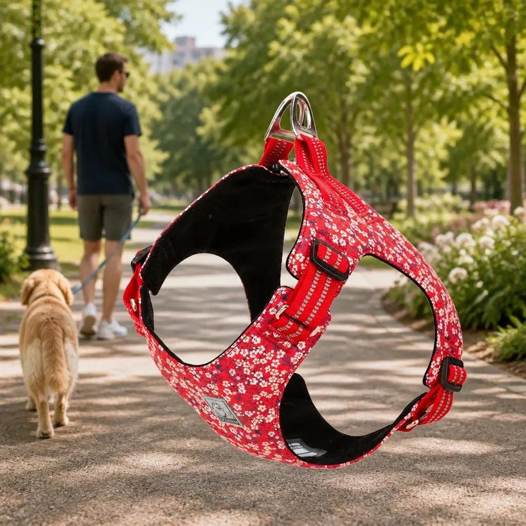 Dog Harness Floral Design Lightweight Cotton Adjustable Straps Reflective Safety