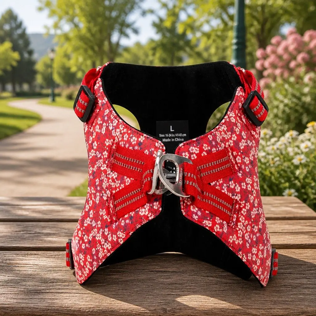 Dog Harness Floral Design Lightweight Cotton Adjustable Straps Reflective Safety
