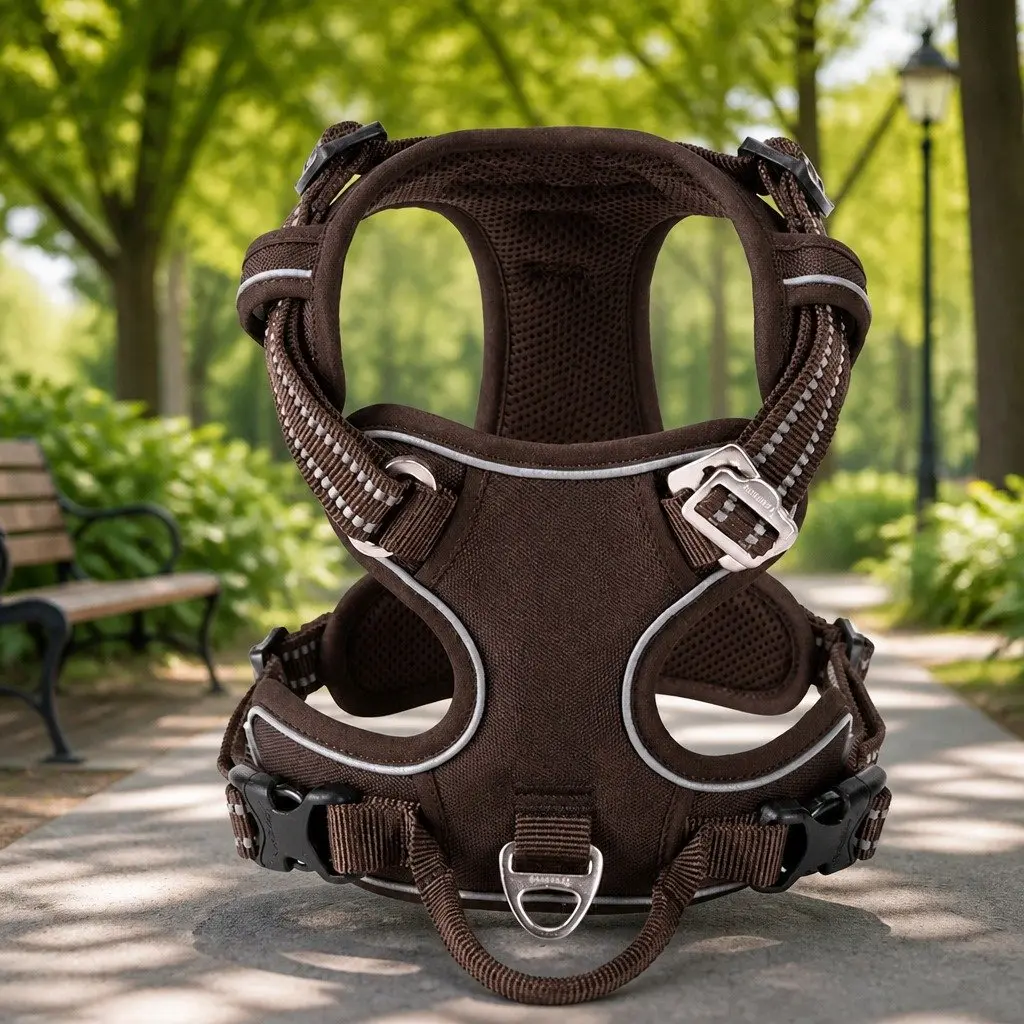 Dog Harness No Pull Breathable Mesh Reflective Nylon Webbing XL Brown Pet Safety