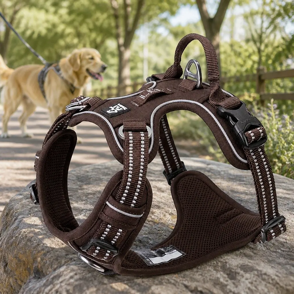Dog Harness No Pull Breathable Mesh Reflective Nylon Webbing XL Brown Pet Safety
