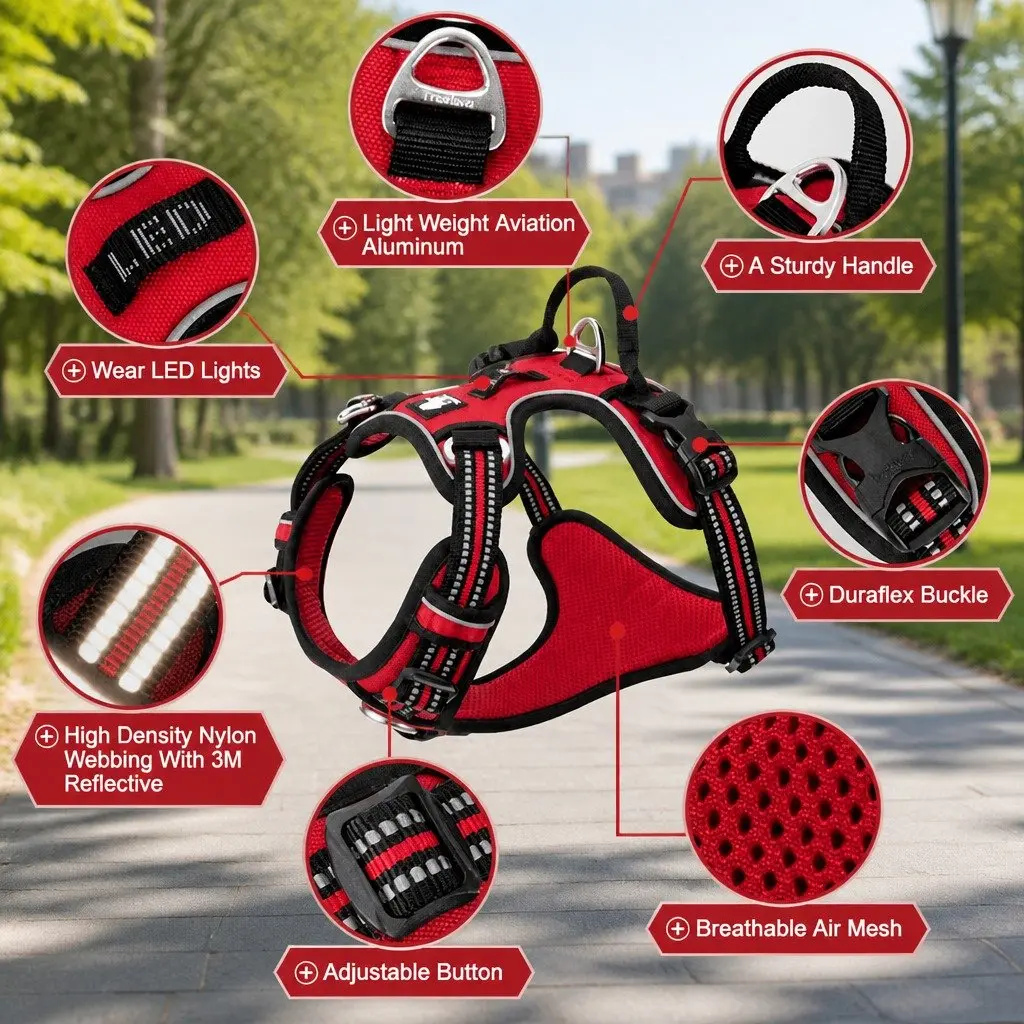 Dog Harness No Pull Breathable Mesh Reflective Nylon Webbing XL Brown Pet Safety