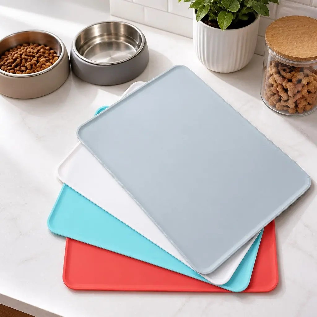 Pet Food Mat Silicone Waterproof Non-Slip Dog Cat Bowl Feeding Tray Grey