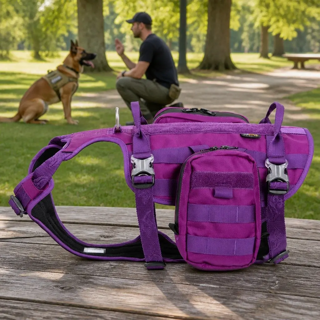 Dog Military Harness Backpack XL Tactical Training Adjustable Buckles Purple