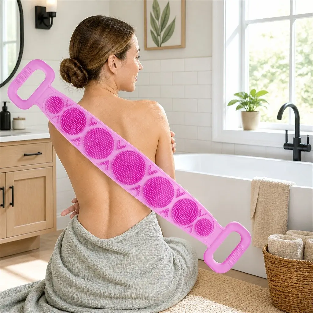 Exfoliating Bath Scrub Brush with Handle 60cm Pink