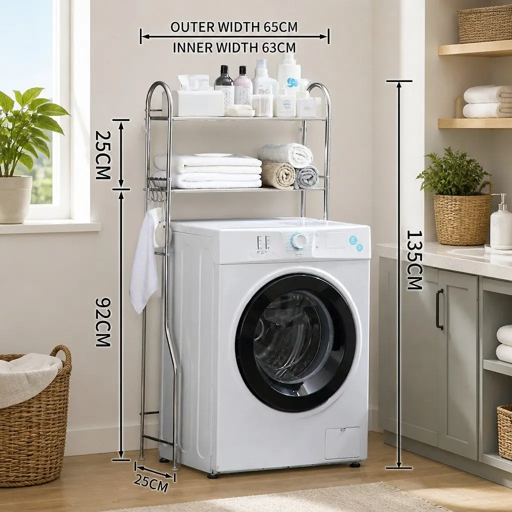 Storage Rack Over Laundry Washing Machine Organizer Shelf 2 Layer 135x65x25cm Silver