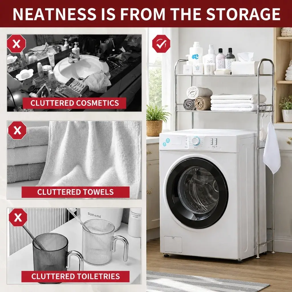Storage Rack Over Laundry Washing Machine Organizer Shelf 2 Layer 135x65x25cm Silver