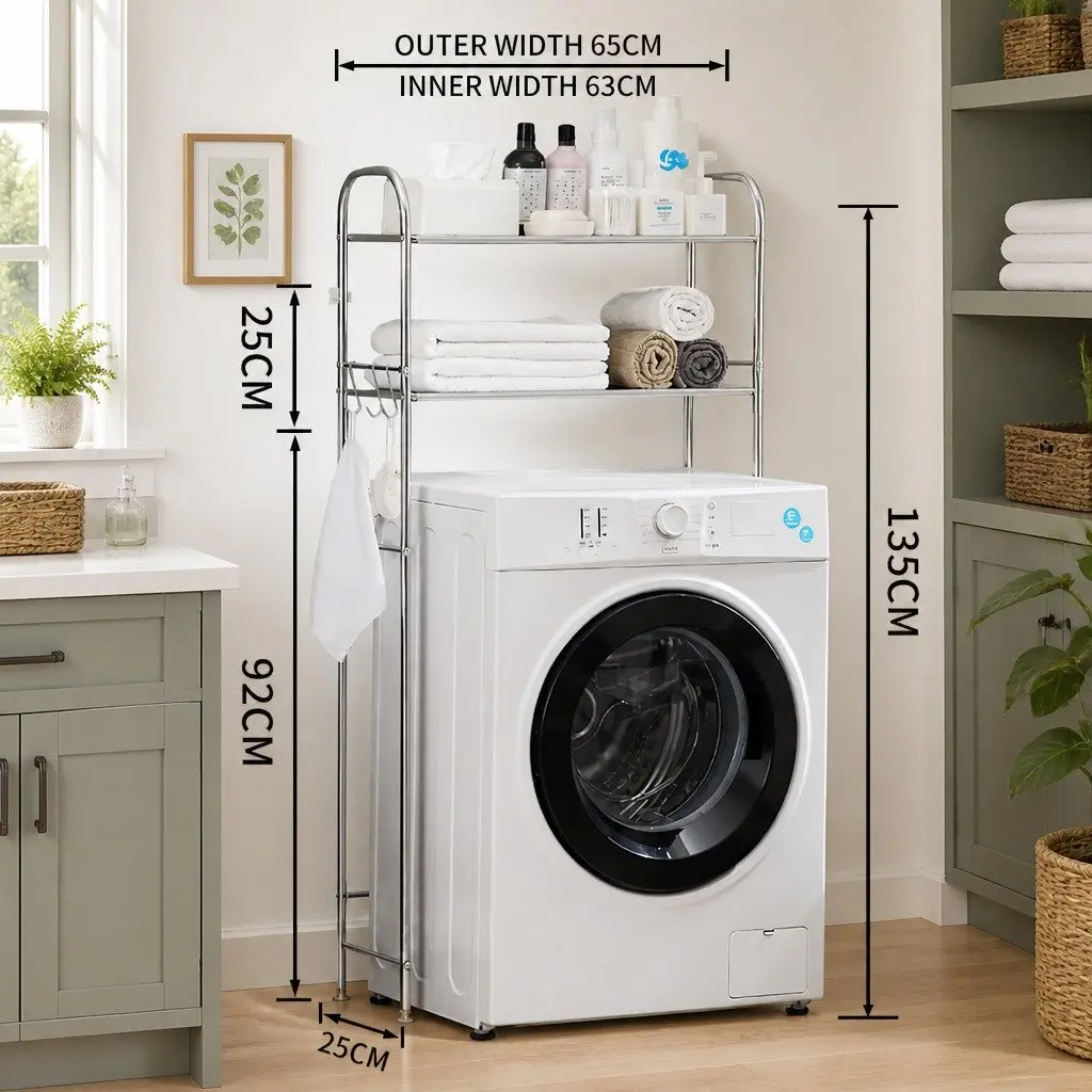 Storage Rack Over Laundry Washing Machine Organizer Shelf 2 Layer 135x65x25cm Silver