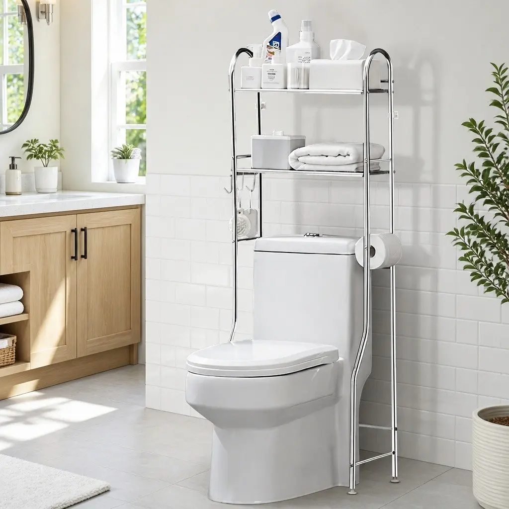 Storage Rack Over Toilet Organizer 2 Tier Bathroom Shelf Unit 135x48x25cm Silver