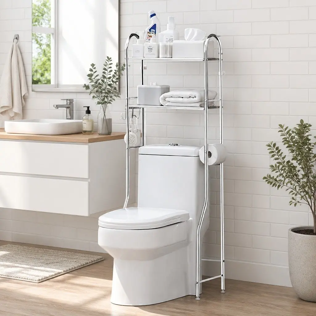 Storage Rack Over Toilet Organizer 2 Tier Bathroom Shelf Unit 135x48x25cm Silver