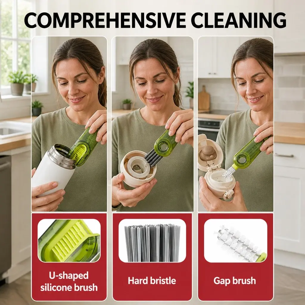 Cup Cleaning Brush Multi-Purpose 3-in-1 Tool Set for Narrow Openings Grey Blue Green