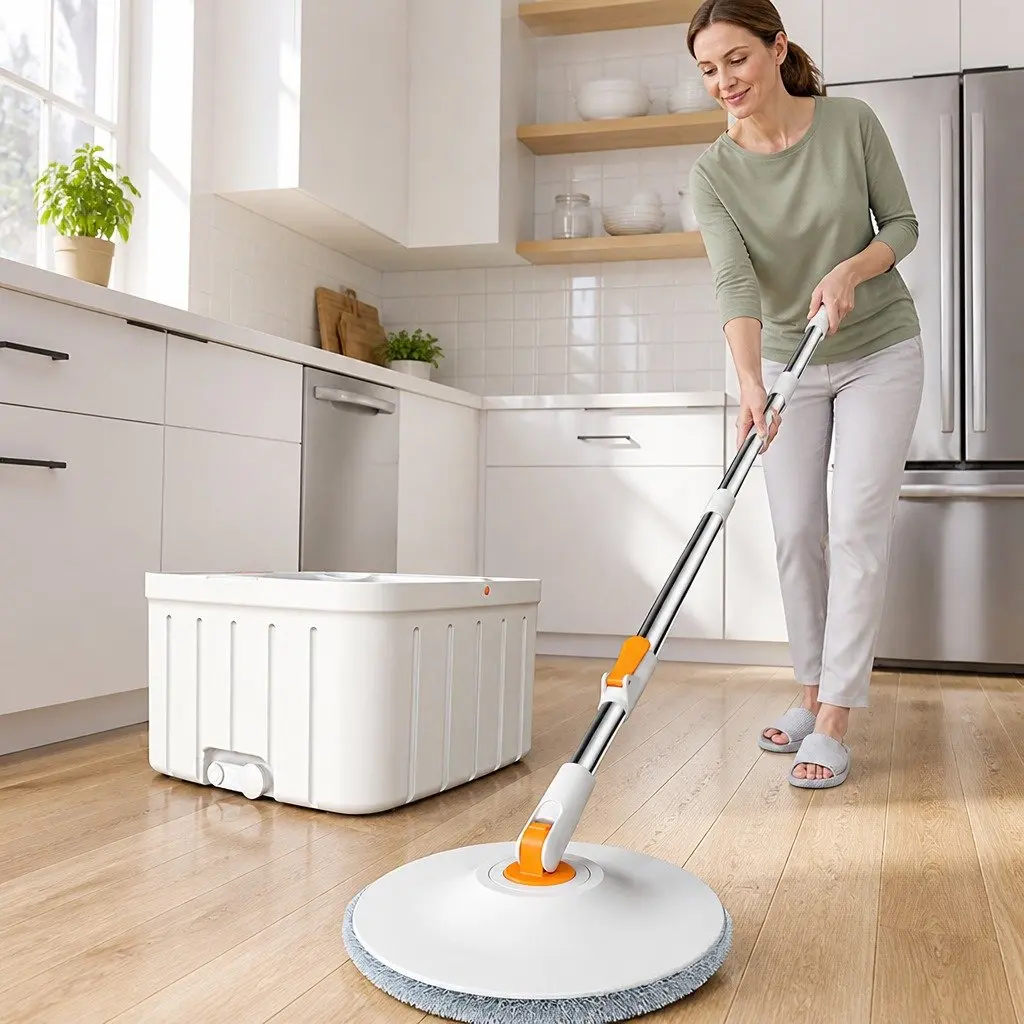 Rotary Flat Mop Hand-Wash-Free Cleaning System 102x18x23cm Orange White