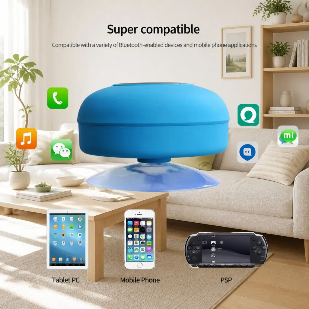 Portable Bluetooth Speaker Suction Cup Hands-Free Use Waterproof Blue