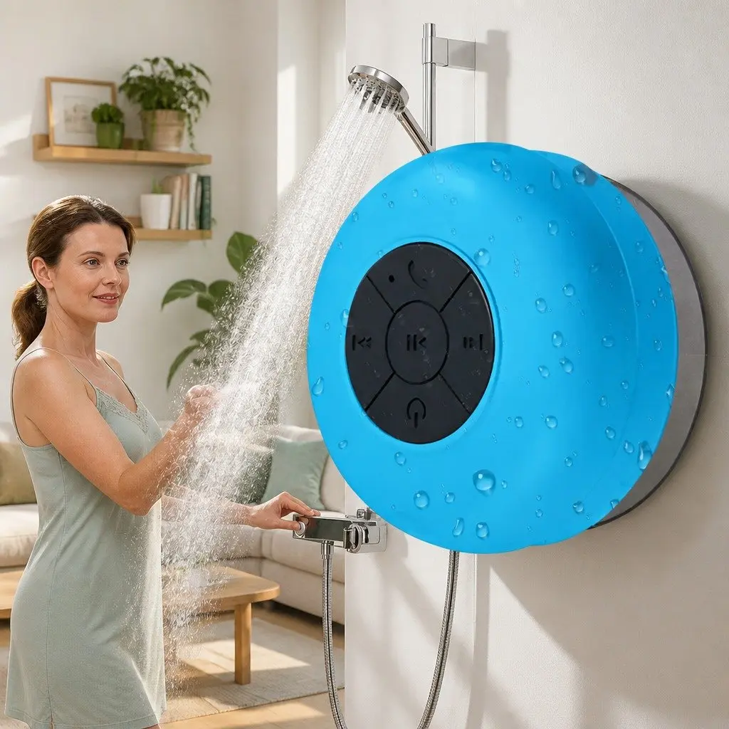 Portable Bluetooth Speaker Suction Cup Hands-Free Use Waterproof Blue