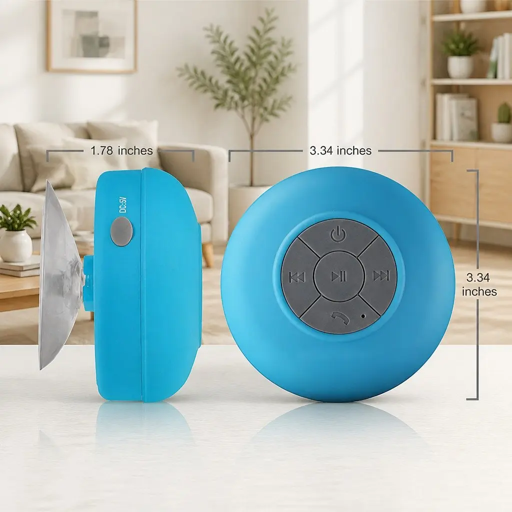 Portable Bluetooth Speaker Suction Cup Hands-Free Use Waterproof Blue