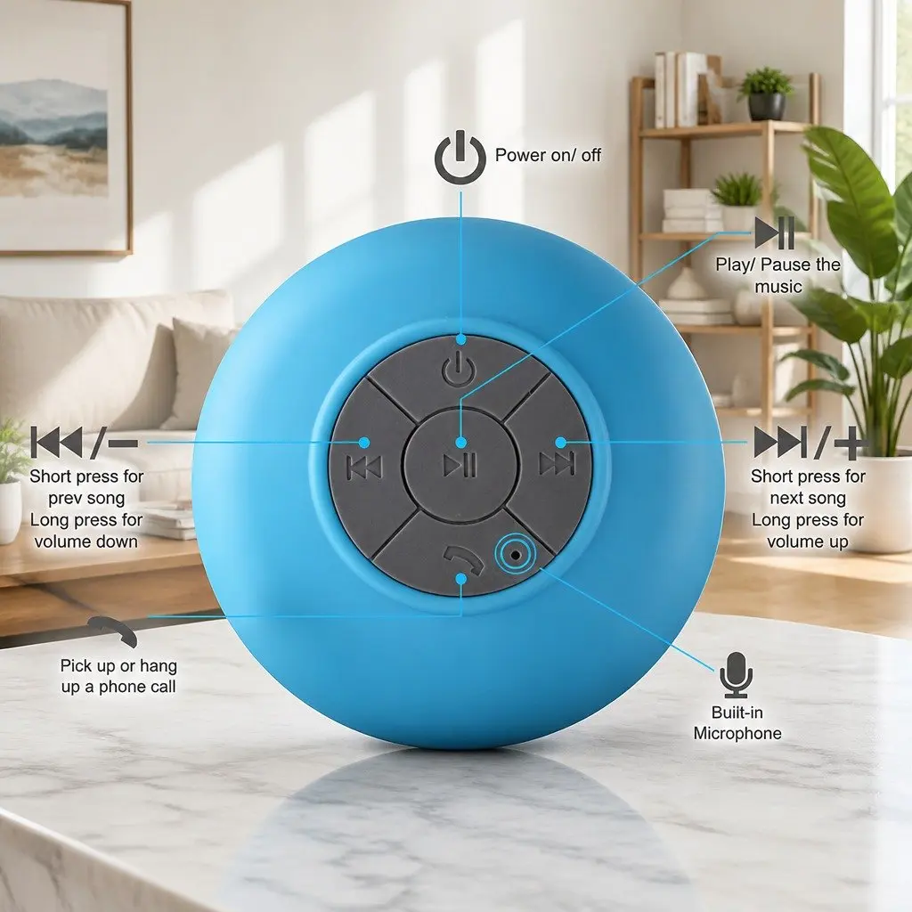 Portable Bluetooth Speaker Suction Cup Hands-Free Use Waterproof Blue