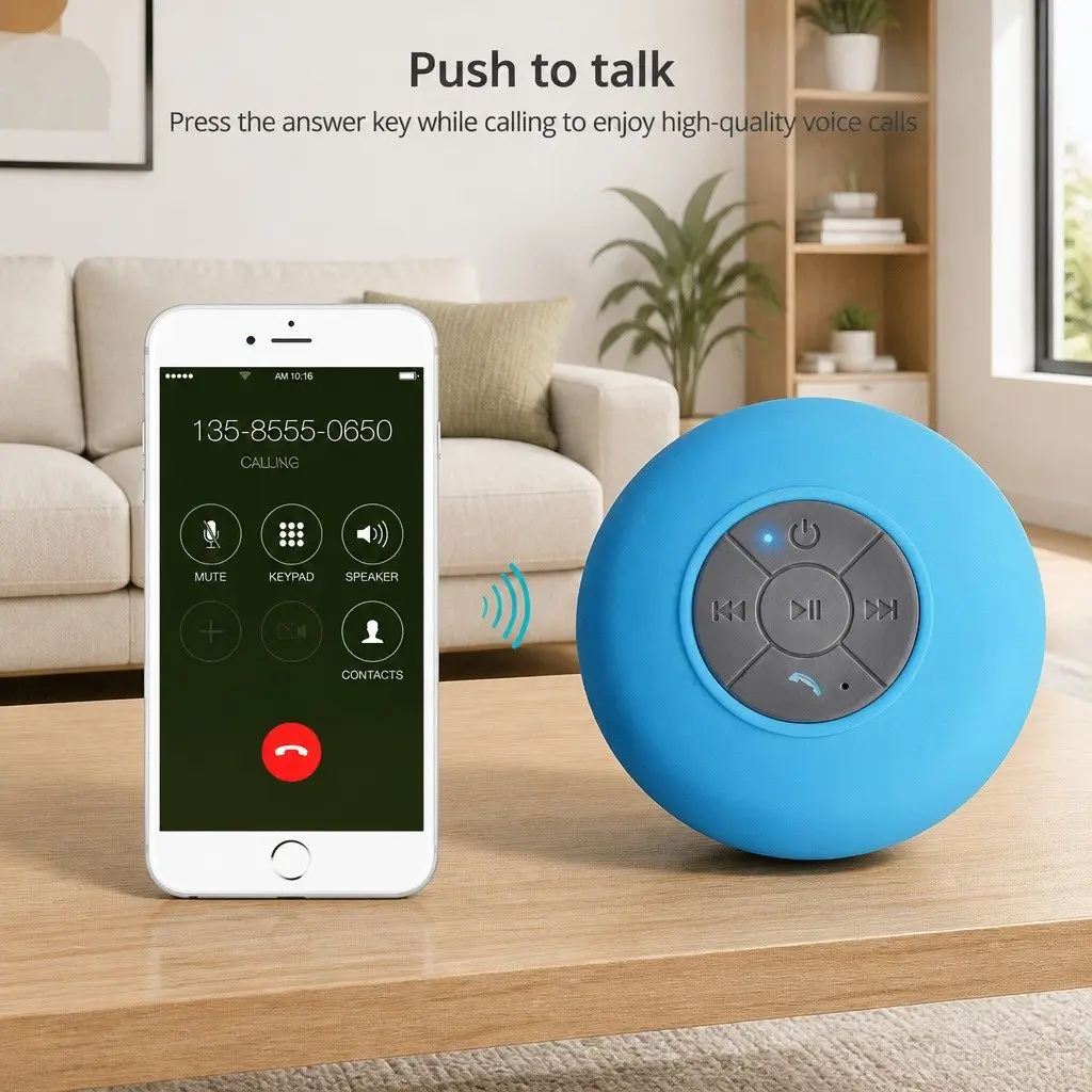 Portable Bluetooth Speaker Suction Cup Hands-Free Use Waterproof Blue