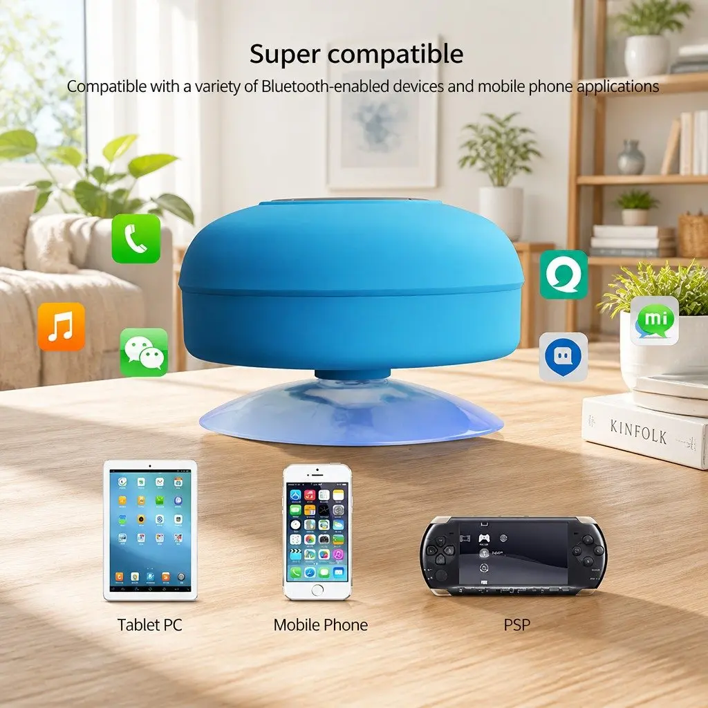 Portable Bluetooth Speaker with Suction Cup Stereo Music Player Outdoor White