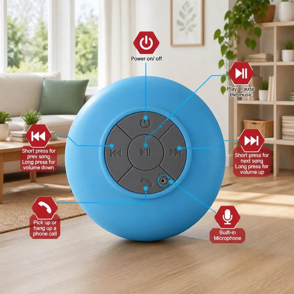 Portable Bluetooth Speaker with Suction Cup Stereo Music Player Outdoor White