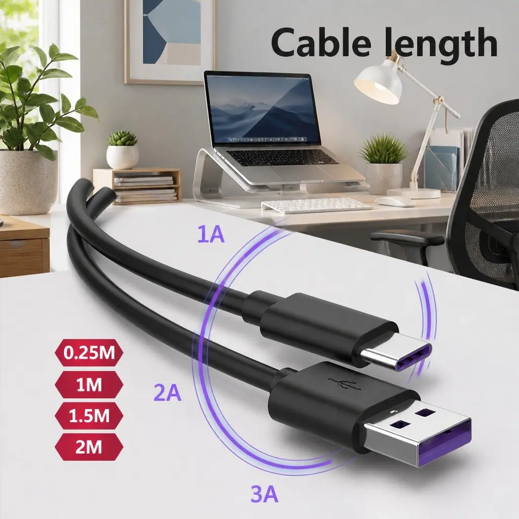 USB to USB-C Fast Charging Cable for Android Devices 0.25m 0.5m 1m 1.5m 2m 3m Black White