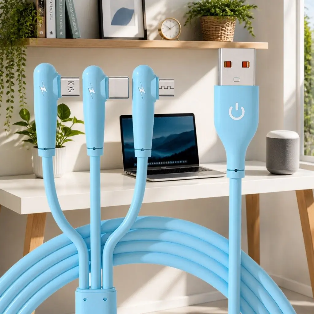 Three-in-One Fast Charging Data Cable Liquid Silicone Elbow Design USB Connector