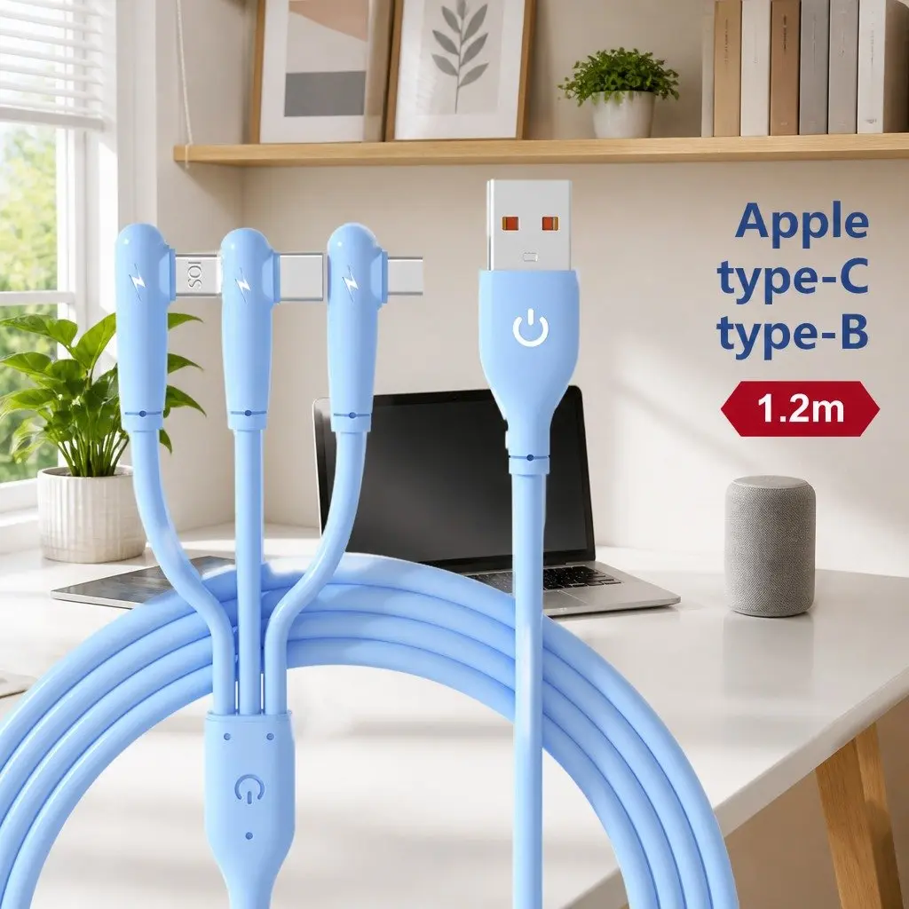 Three-in-One Fast Charging Data Cable Liquid Silicone Elbow Design USB Connector