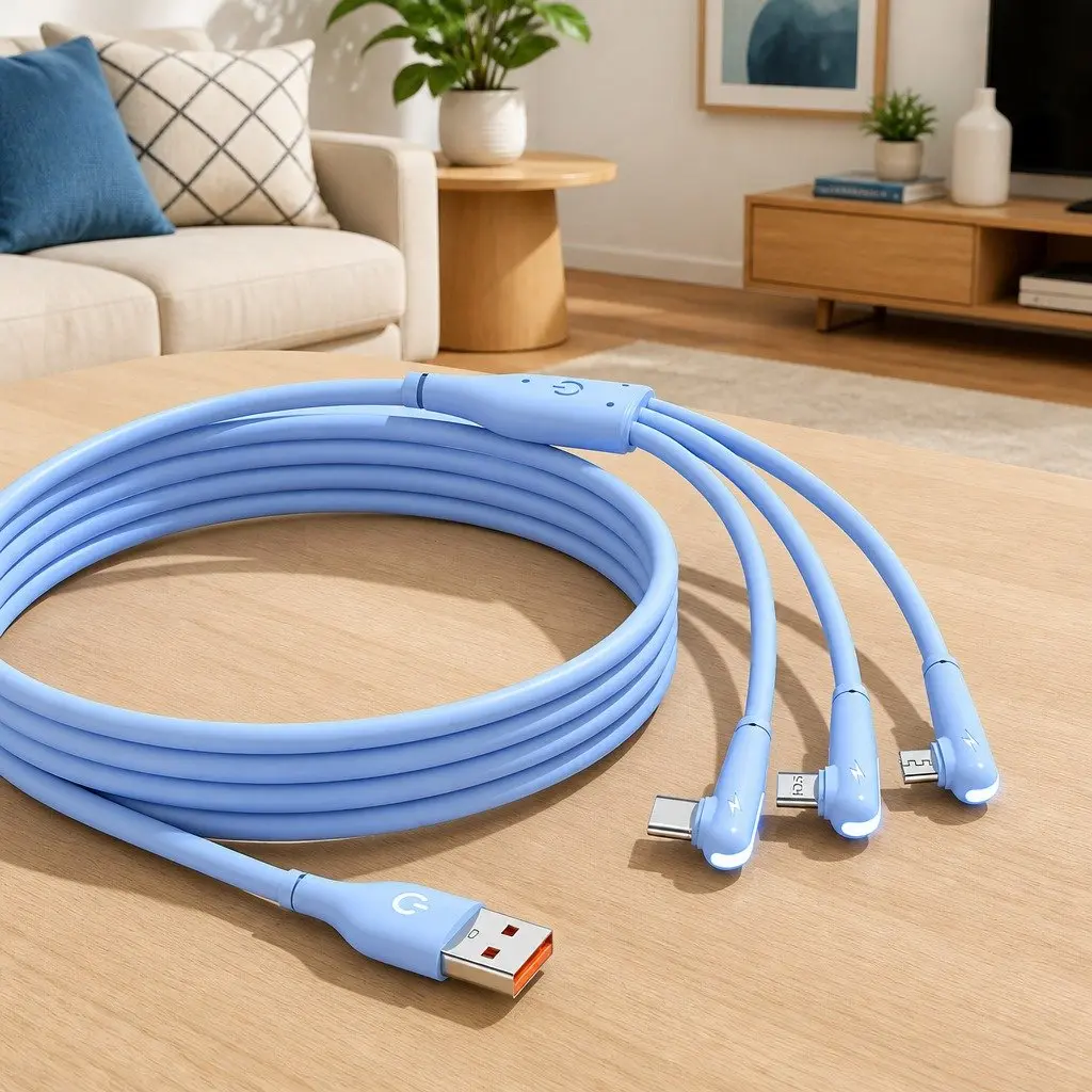 3-in-1 Charging Cable Fast Charging Elbow Liquid Silicone 1.2m Blue