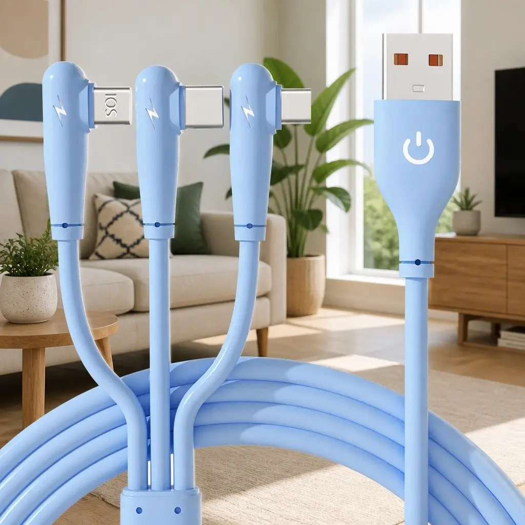 3-in-1 Charging Cable Fast Charging Elbow Liquid Silicone 1.2m Blue