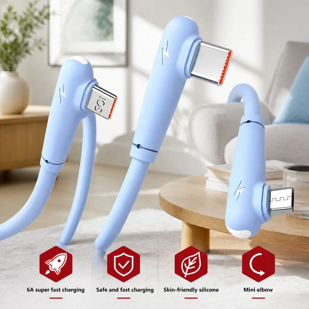 66W Fast Charging USB Cable 3-in-1 Elbow Liquid Silicone 1.2m Blue