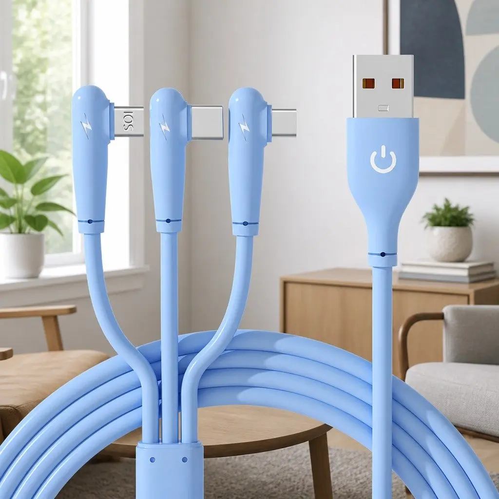 66W Fast Charging USB Cable 3-in-1 Elbow Liquid Silicone 1.2m Blue