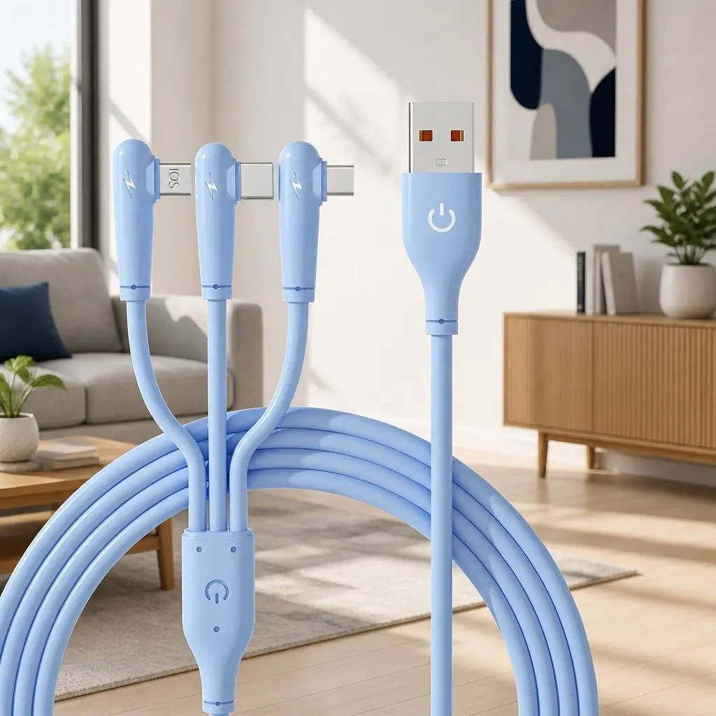 66W Fast Charging USB Cable 3-in-1 Elbow Liquid Silicone 1.2m Blue