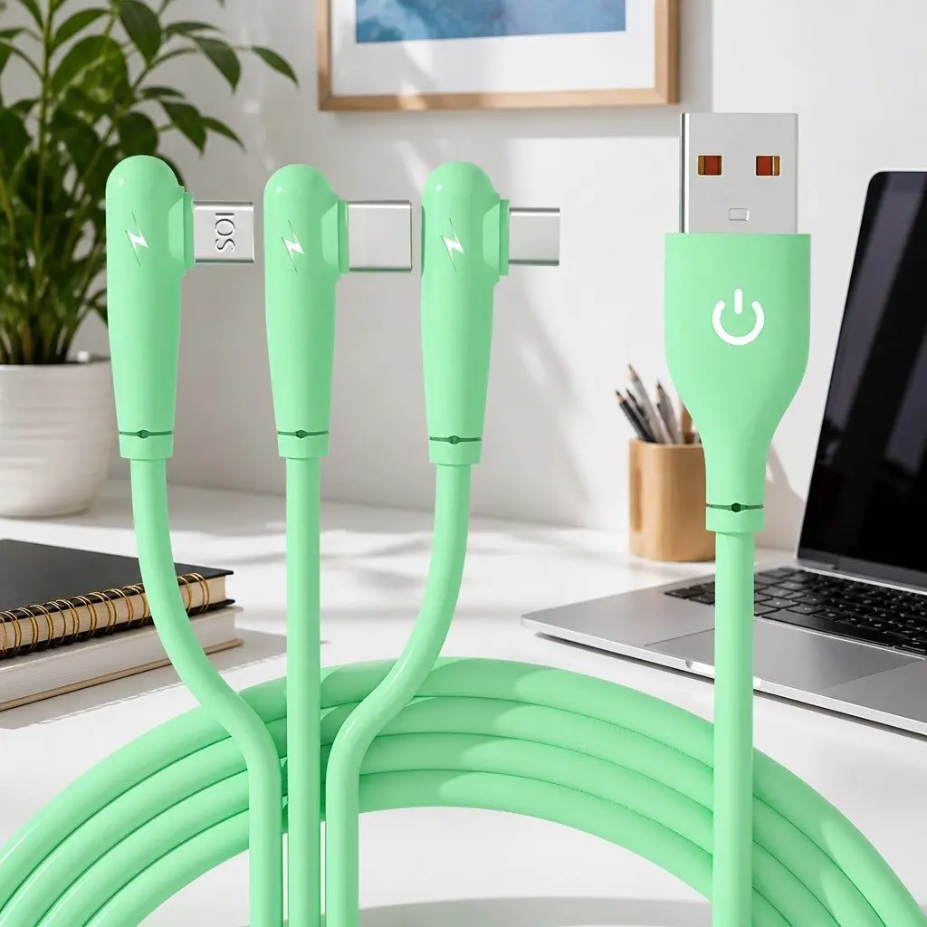 Three-in-One Fast Charging Data Cable 1.2m Liquid Silicone Green