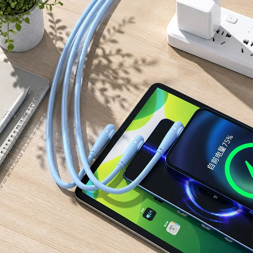 66W Fast Charging Three-In-One Data Cable Elbow Liquid Silicone Green