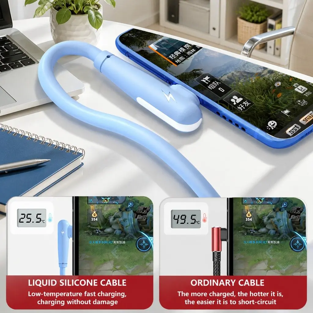 66W Fast Charging Three-In-One Data Cable Elbow Liquid Silicone Green