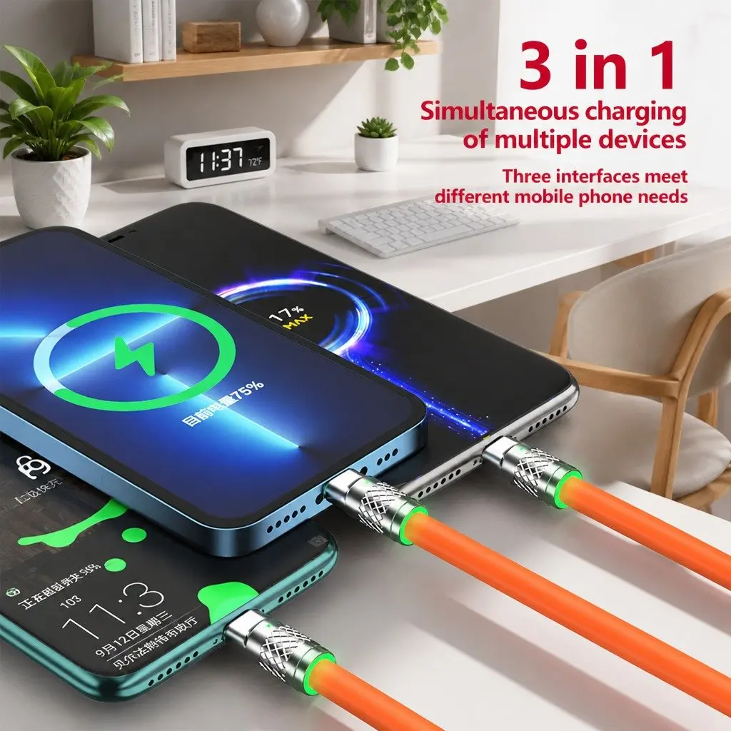 120W Fast Charging Cable 3 in 1 Data Line 1.2 Meter Yellow