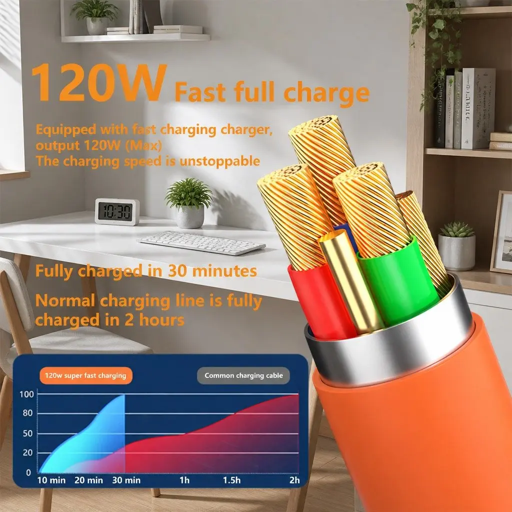 120W Fast Charging Cable 3 in 1 Data Line 1.2 Meter Yellow