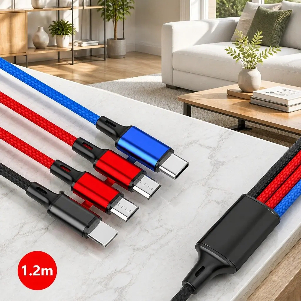 4-in-1 USB Charging Cable Multi Device Fast Charge 3.3mm Colorful Nylon Woven