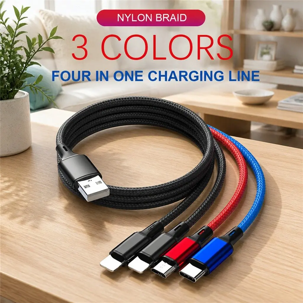 4-in-1 USB Charging Cable Multi Device Fast Charge 3.3mm Colorful Nylon Woven