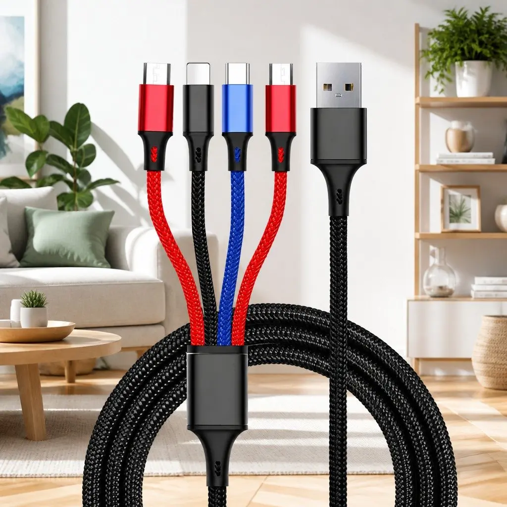 4-in-1 USB Charging Cable Multi Device Fast Charge 3.3mm Colorful Nylon Woven