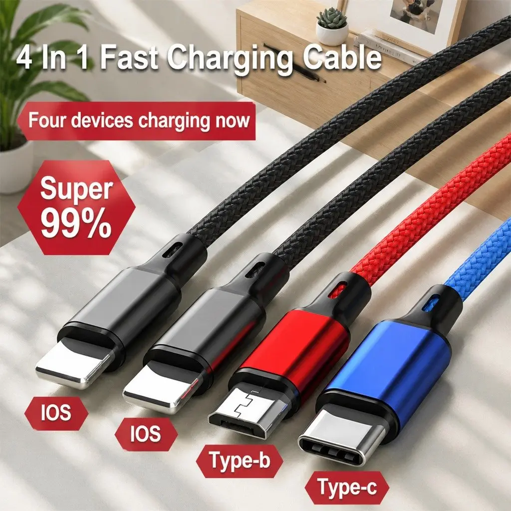 4-in-1 USB Charging Cable Multi Device Fast Charge 3.3mm Colorful Nylon Woven