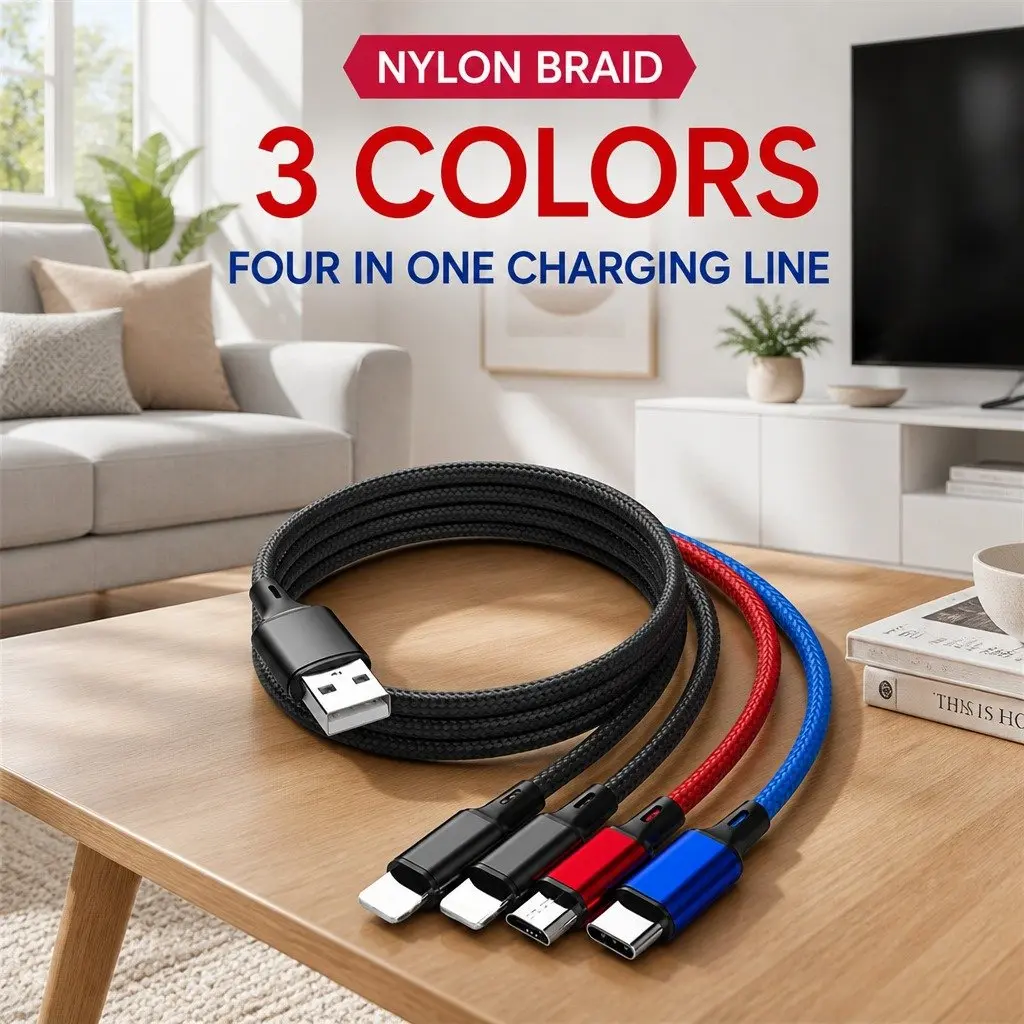 4-in-1 USB Charging Cable Cord for Apple Micro USB USB-C Devices 3.3mm Braided Colorful
